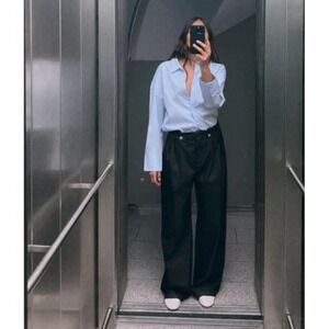 WIDE LEG HIGH WAISTED DENIM PANTS DARK WASH BUTTON DETAIL